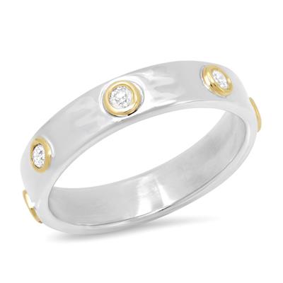 "Liquid Metal" Sterling Silver with 14K Gold narrow Hammered Band with Seven Diamonds